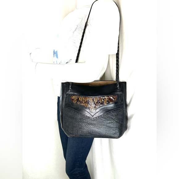 James Culver Black Textured Leather Brown Shoulder Bag Braided Straps Tubac AZ - Picture 2 of 11